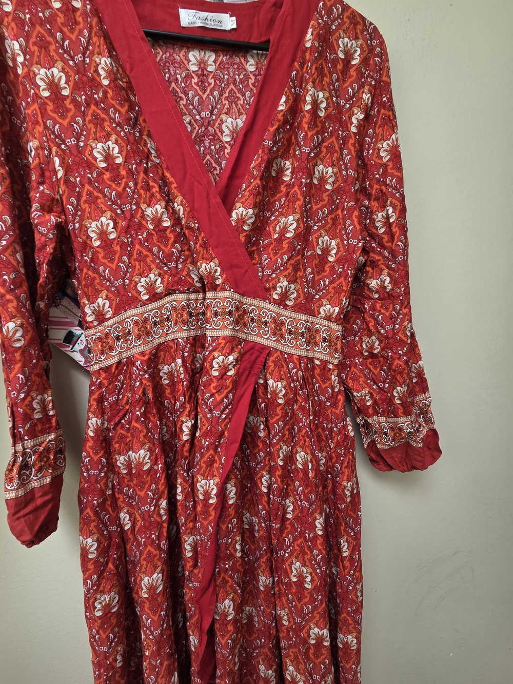 Red Floral Boho Wrap Midi Dress - Picture 3 of 7